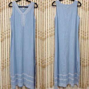 J Jill Linen Blue White Embroidered Peasant Boho Cottagecore Shift Maxi Dress M